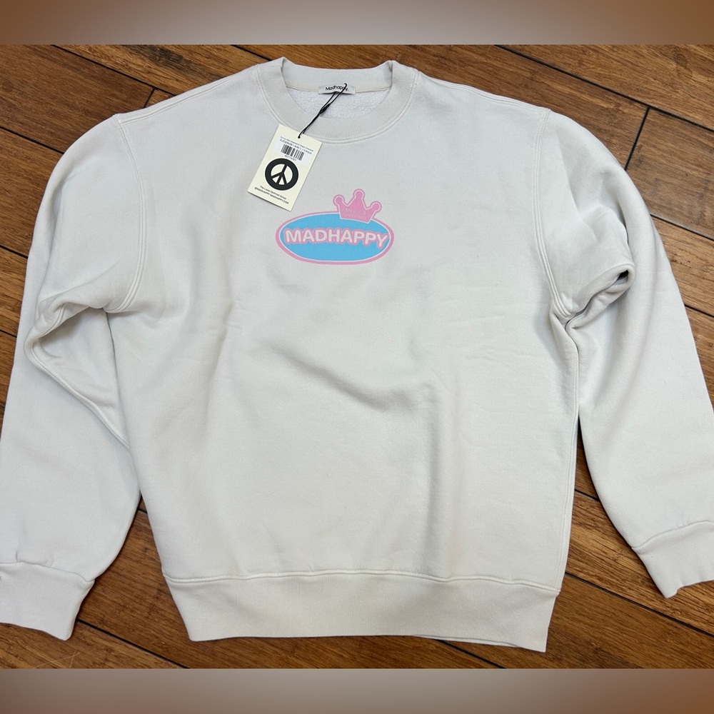 Madhappy Light Gray Crewneck Sweatshirt with Pink & Blue Logo